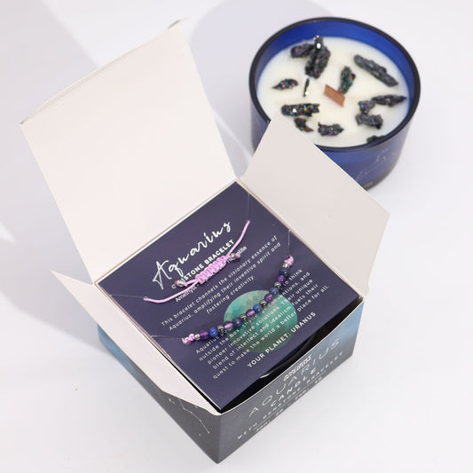 Aquarius Zodiac Crystal Candle & Gemstone Bracelet Gift Set