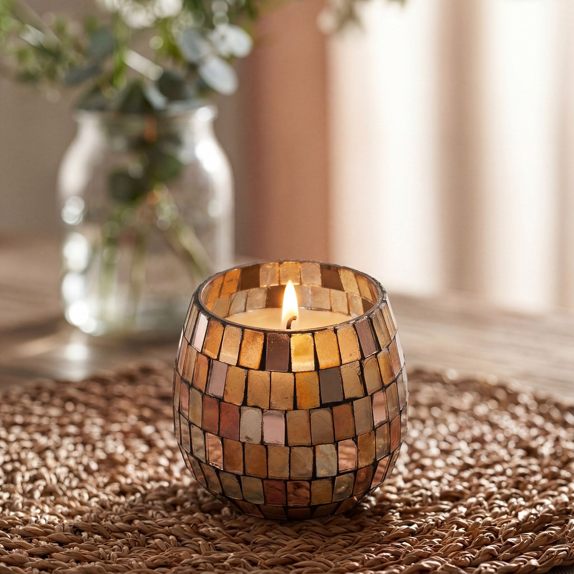 Detailed close up view highlighting the high quality craftsmanship and individual features of the small glass jar candles amber mosaic425