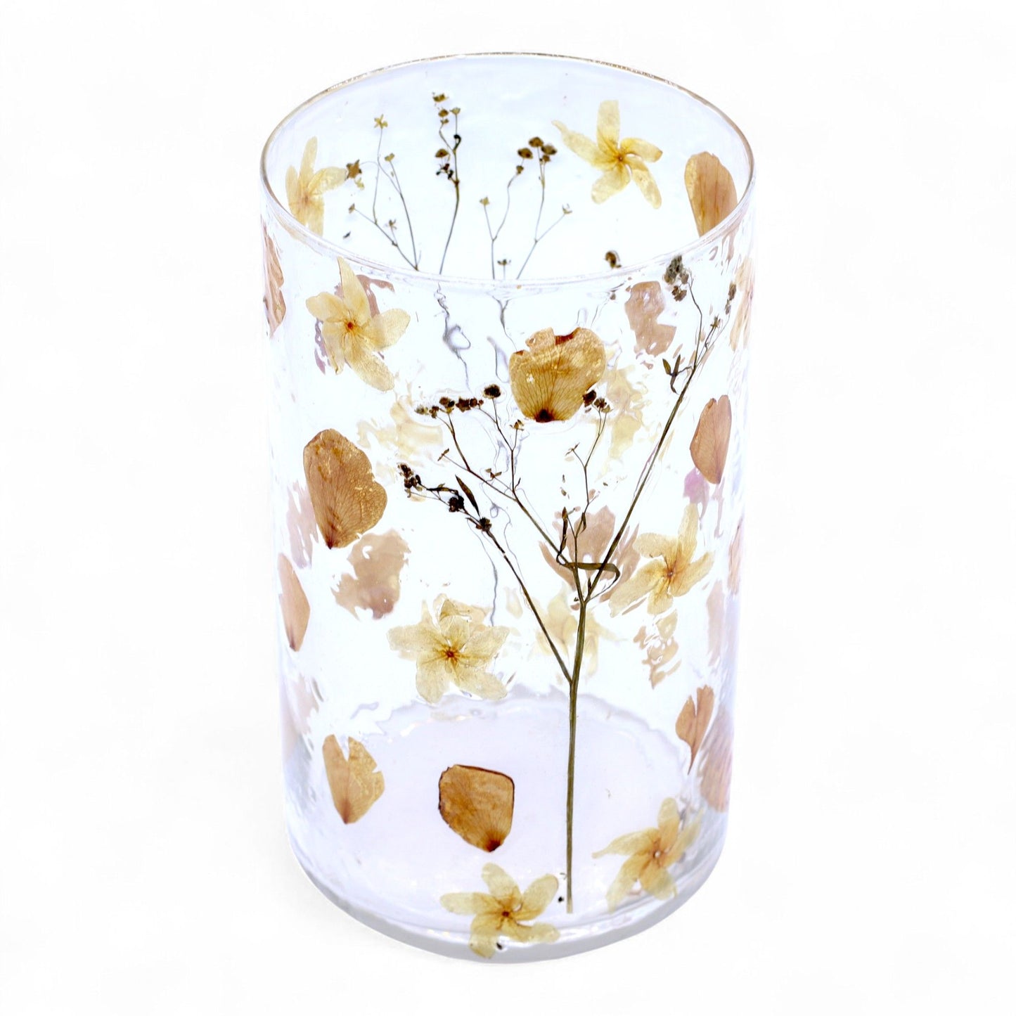 Detailed close up view highlighting the high quality craftsmanship and individual features of the natural floral glass tall vase candle holder rose 19x11cm438