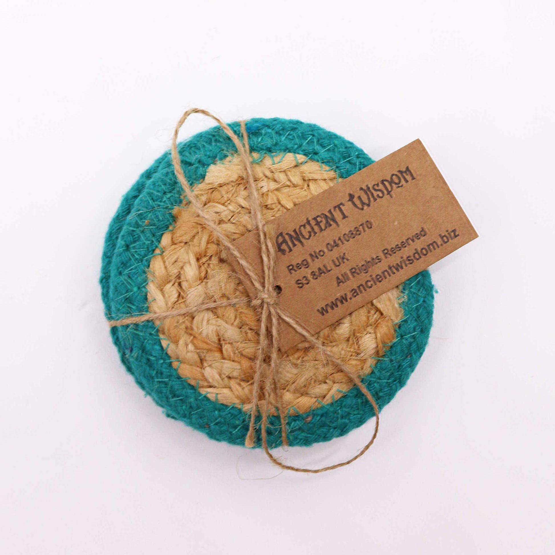 Natural Coaster - Jute & Cotton 10cm  (set of 4) - Teal Boarder from our luxury indian placemats collection