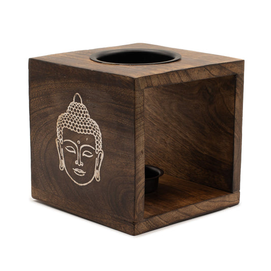 Large Square Mango Wood Oil Burner- Buddha Face lifestyle product photo on neutral background