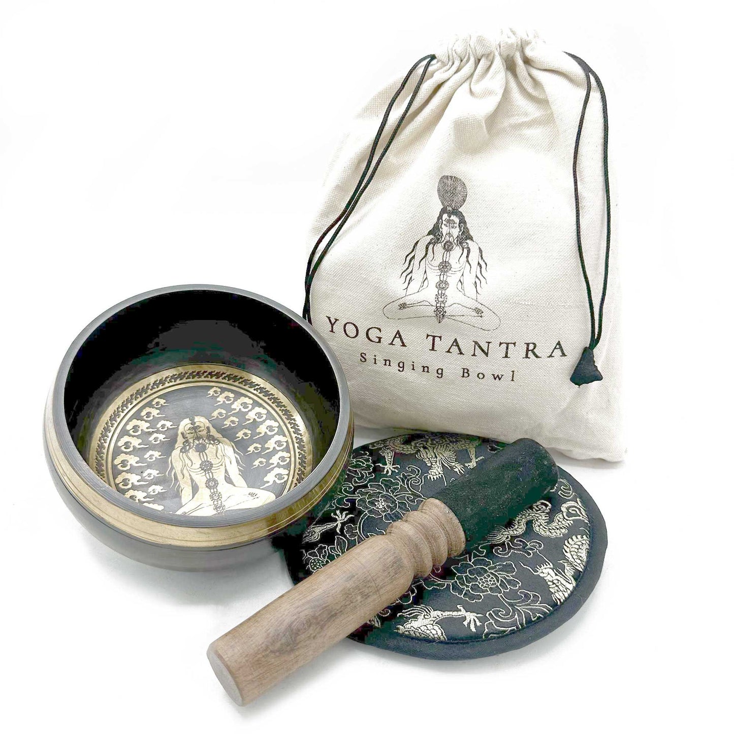 Hand Beaten & Engraved Singing Bowl Gift Set - 14cm - Yogi lifestyle product photo on neutral background
