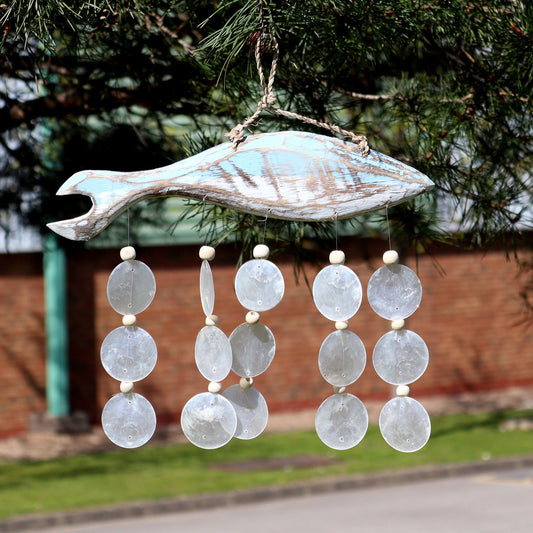 Bluewash Fish Carving and Natural Copis Drop from our luxury driftwood chime collection