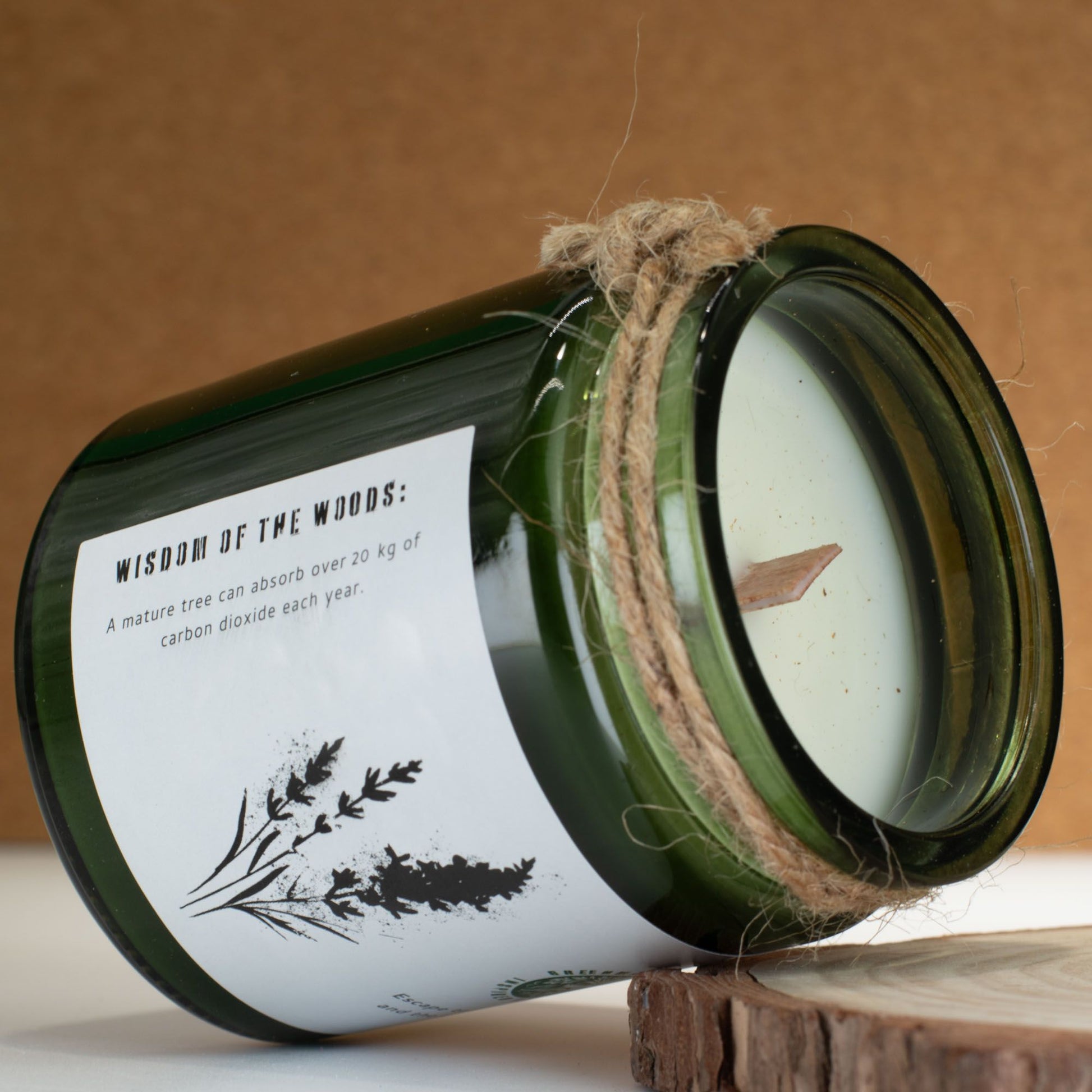 Detailed close up view highlighting the high quality craftsmanship and individual features of the greenman woodwick soy candle wild lavender521