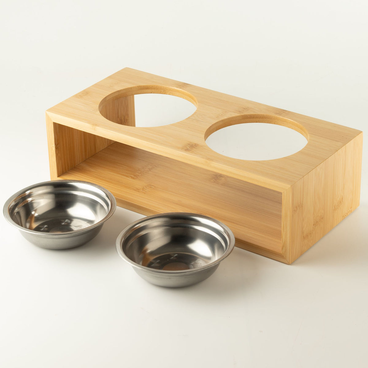 PAW Double Stainless Steel Pet Bowls with Wooden Stand – 2 × 12cm
