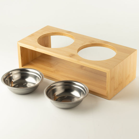 PAW Double Stainless Steel Pet Bowls with Wooden Stand – 2 × 12cm
