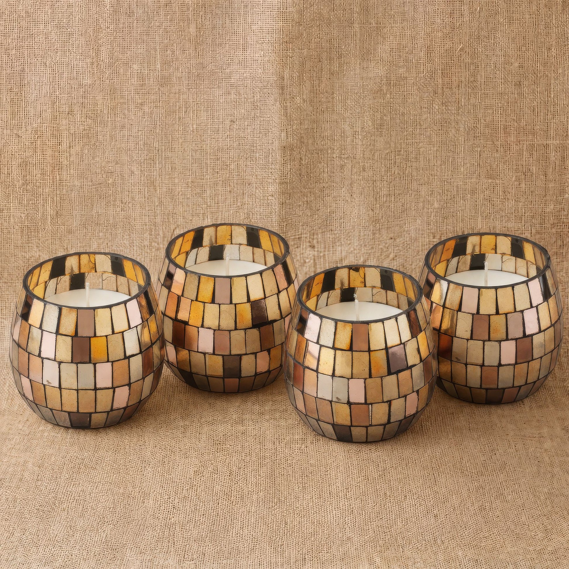 Detailed close up view highlighting the high quality craftsmanship and individual features of the small glass jar candles amber mosaic425