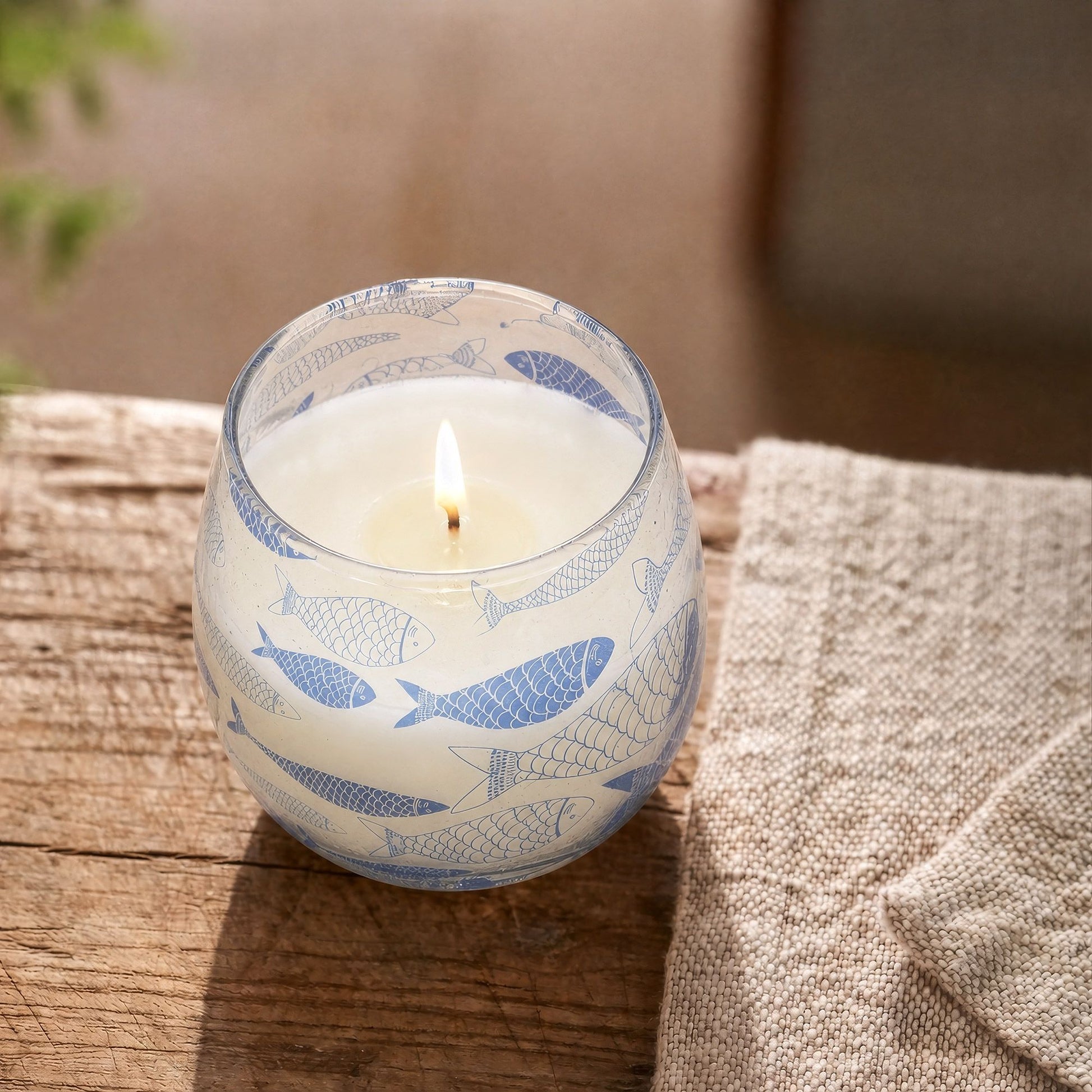 Detailed close up view highlighting the high quality craftsmanship and individual features of the small glass jar candles seabreeze491