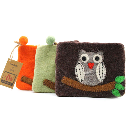 Natural Felt Zipper Pouch (asst) - Owl on Branch lifestyle product photo on neutral background