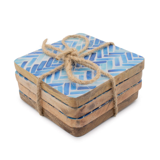Set of 4 Square Coasters -  Blue Stripes from our luxury mango wood bowls, trays & coasters collection