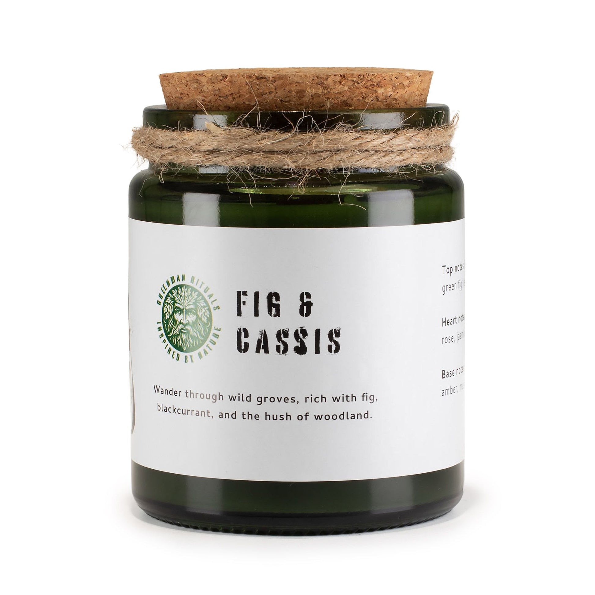Detailed close up view highlighting the high quality craftsmanship and individual features of the greenman woodwick soy candle fig cassis407