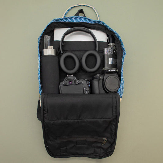 Large Kathmandu Backpack - Dhaka Design (39x28x13cm) lifestyle product photo on neutral background