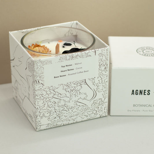 Luxury presentation of the agnes cat botanical soy wax candle lakeland mocha571 showing the premium artisan packaging and complete set contents