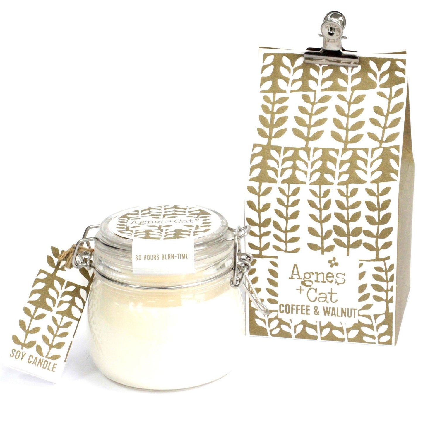 Luxury presentation of the agnes cat kilner jar candle coffee and walnut623 showing the premium artisan packaging and complete set contents