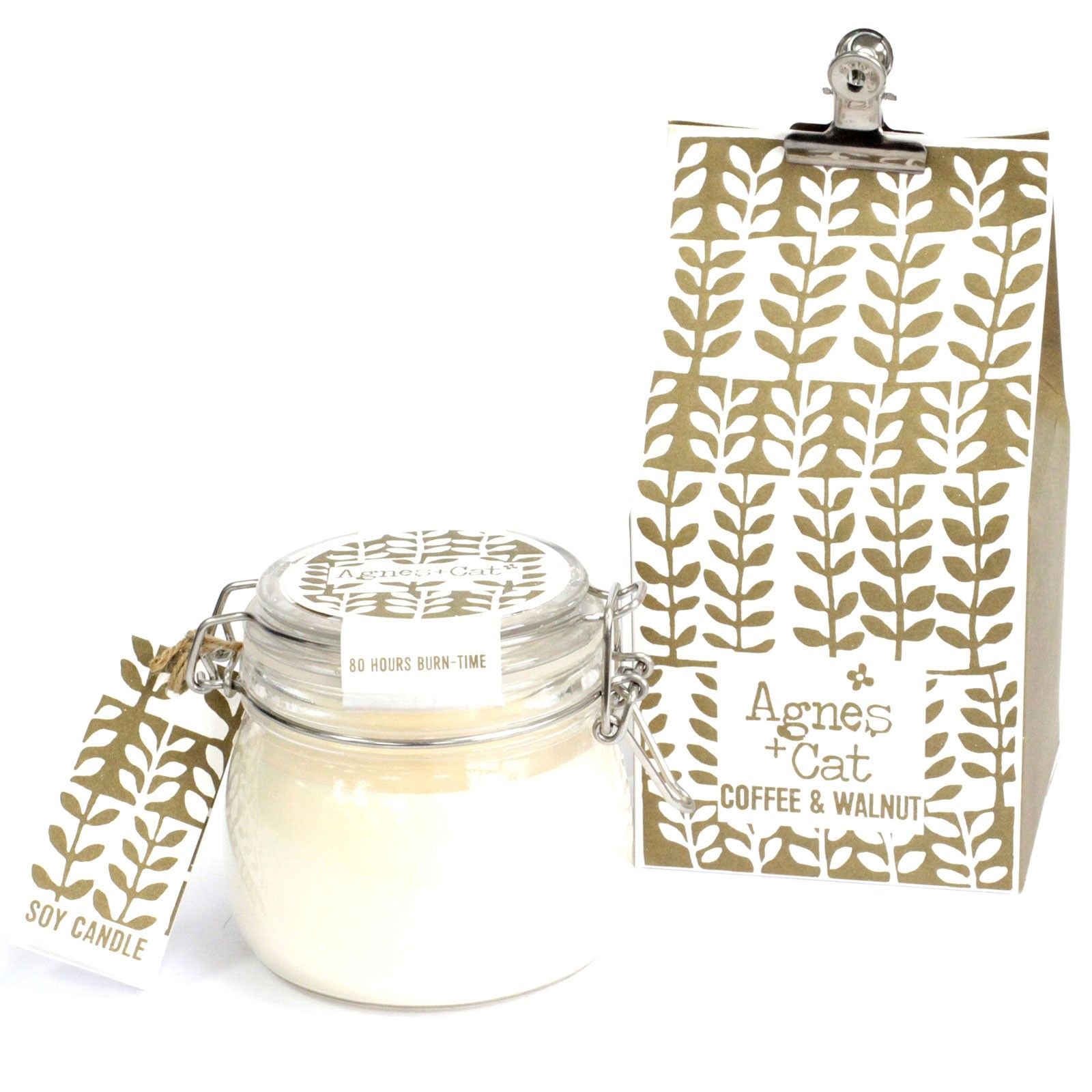 Luxury presentation of the agnes cat kilner jar candle coffee and walnut623 showing the premium artisan packaging and complete set contents