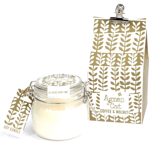 Luxury presentation of the agnes cat kilner jar candle coffee and walnut623 showing the premium artisan packaging and complete set contents