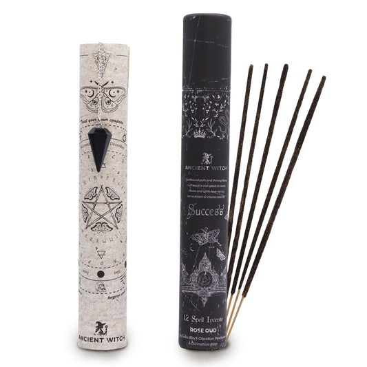 Ancient Witch Spell Incense - Success - Black Obsidian Pendulum lifestyle product photo on neutral background