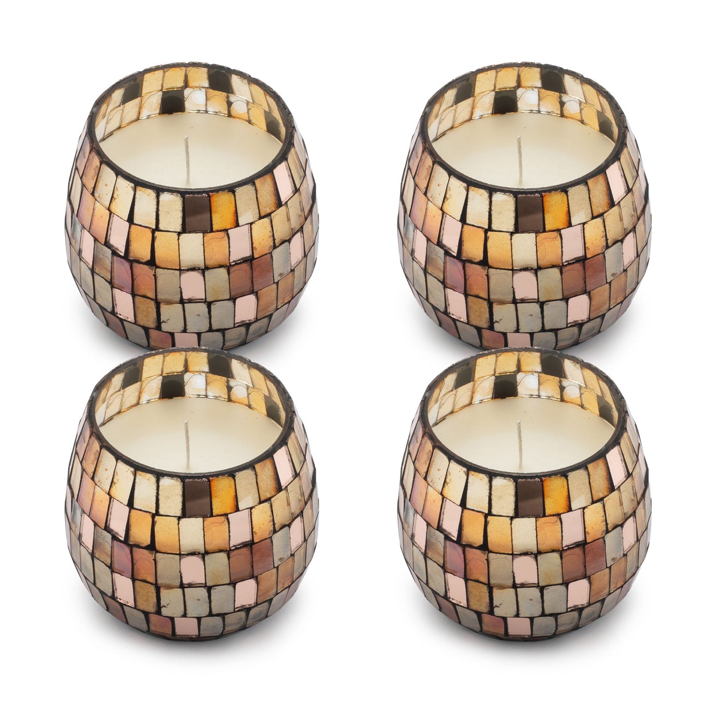 Detailed close up view highlighting the high quality craftsmanship and individual features of the small glass jar candles amber mosaic425