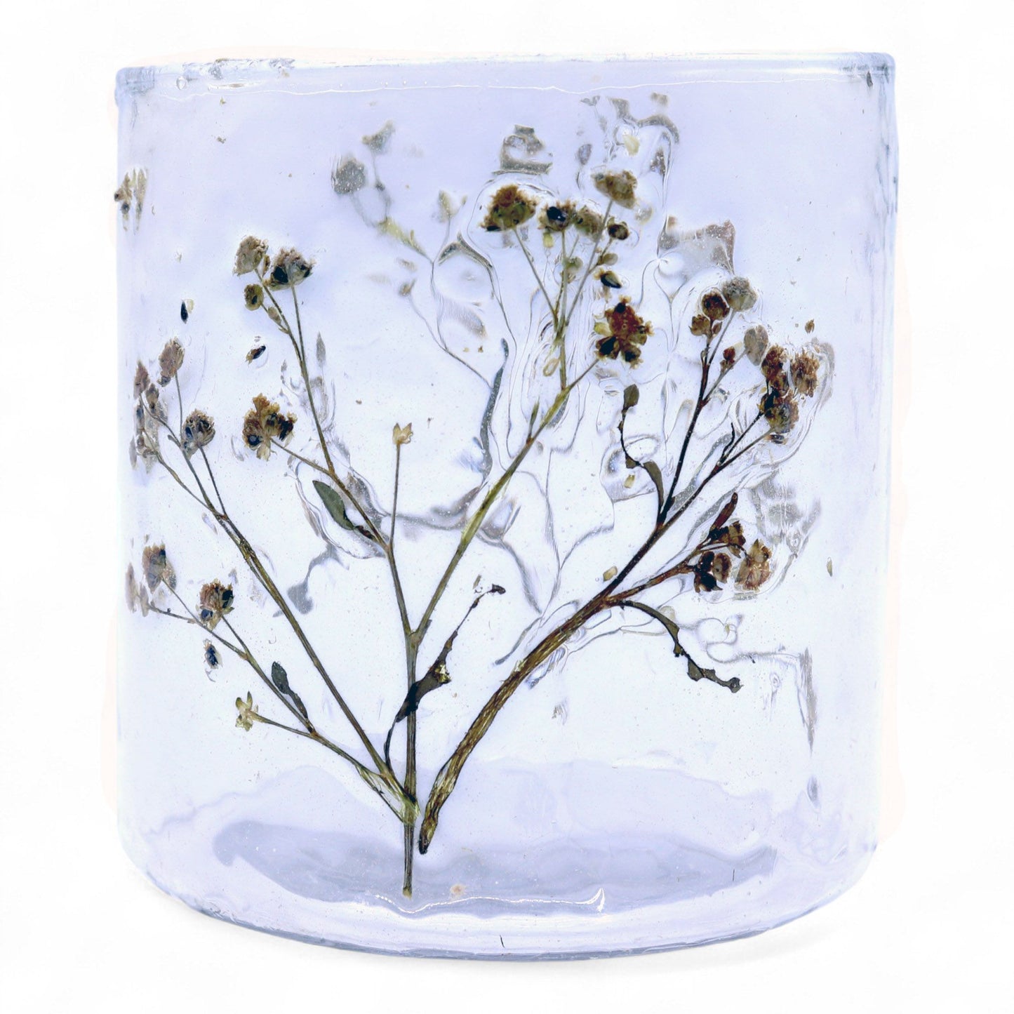 Detailed close up view highlighting the high quality craftsmanship and individual features of the natural floral glass straight candle holder margarita 8x8cm626