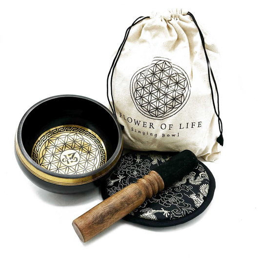 Hand Beaten & Engraved Singing Bowl Gift Set - 14cm - Flower of Life lifestyle product photo on neutral background