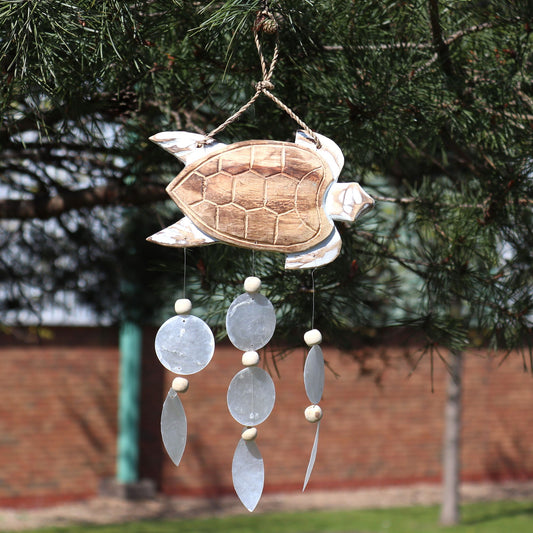 Whitewash Turtle Carving and Natural Copis Drop from our luxury driftwood chime collection