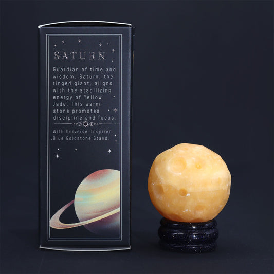 Yellow Jade Planet on a Sola Goldstone Stand (SATURN) lifestyle product photo on neutral background