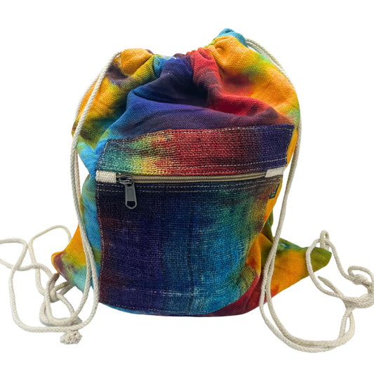 Tiedye Hemp String Bag lifestyle product photo on neutral background