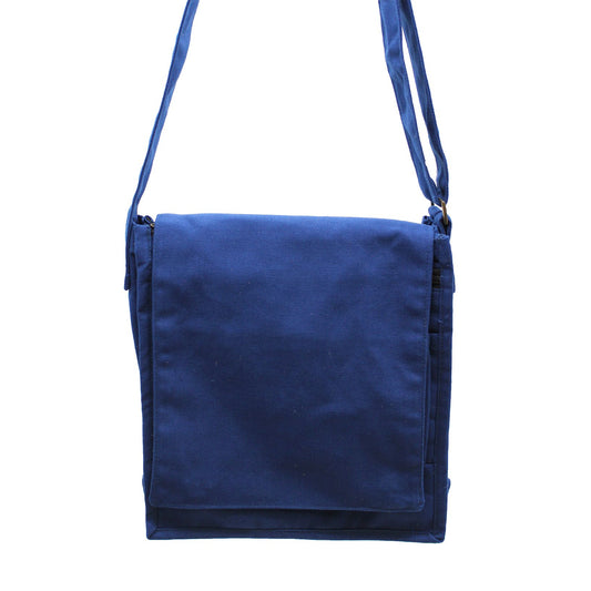 Cotton Canvas Messenger Bag - Navy Blue lifestyle product photo on neutral background
