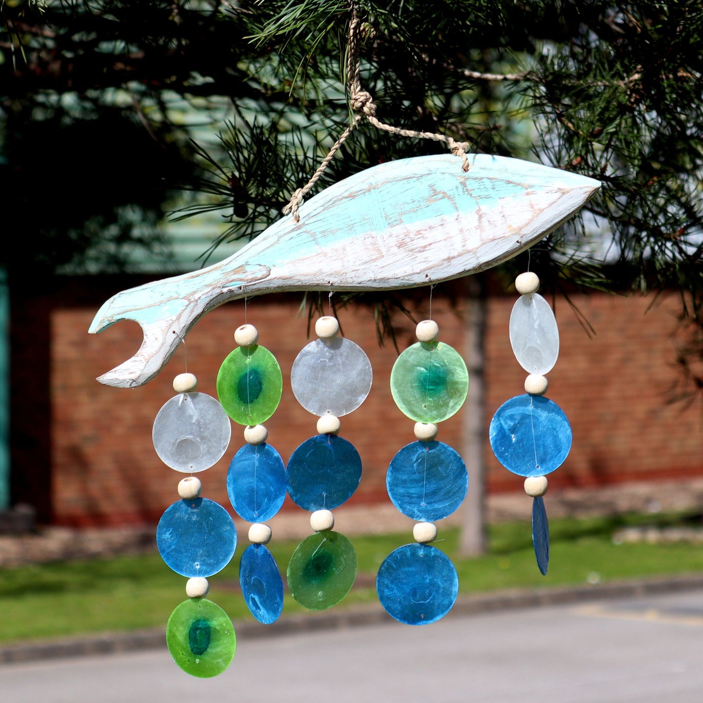 Aqua Fish Carving and Copis Drop from our luxury driftwood chime collection