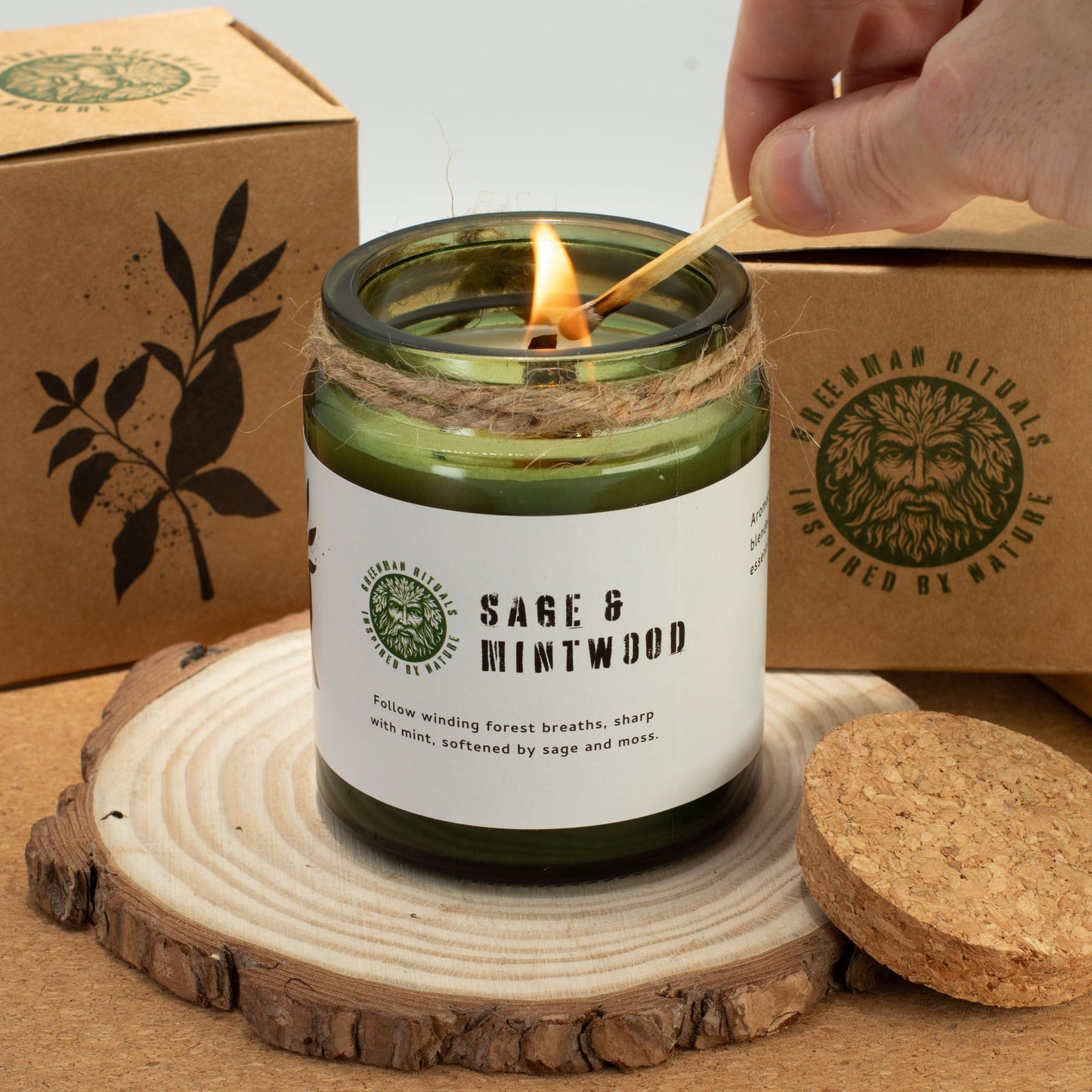 Detailed close up view highlighting the high quality craftsmanship and individual features of the greenman woodwick soy candle wild lavender521