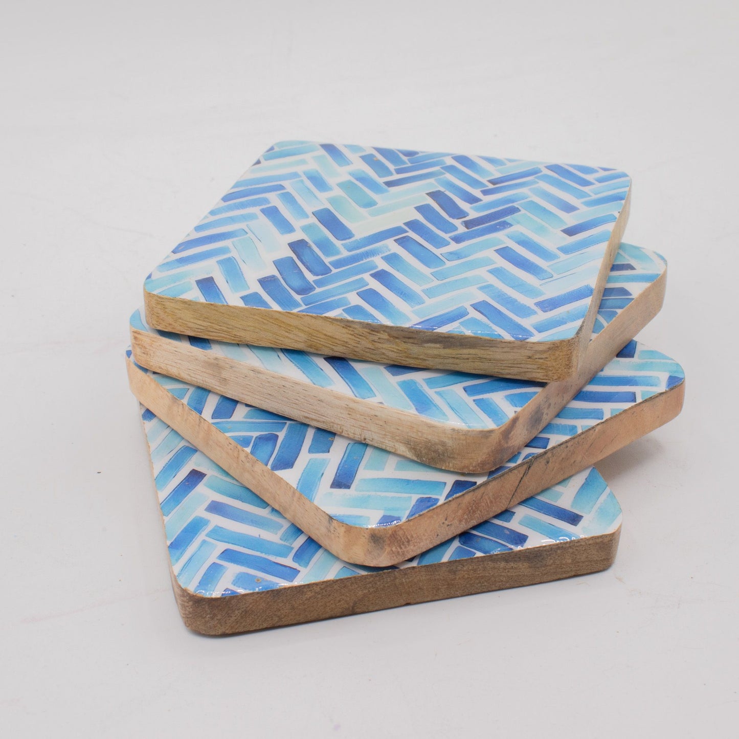 Set of 4 Square Coasters -  Blue Stripes from our luxury mango wood bowls, trays & coasters collection