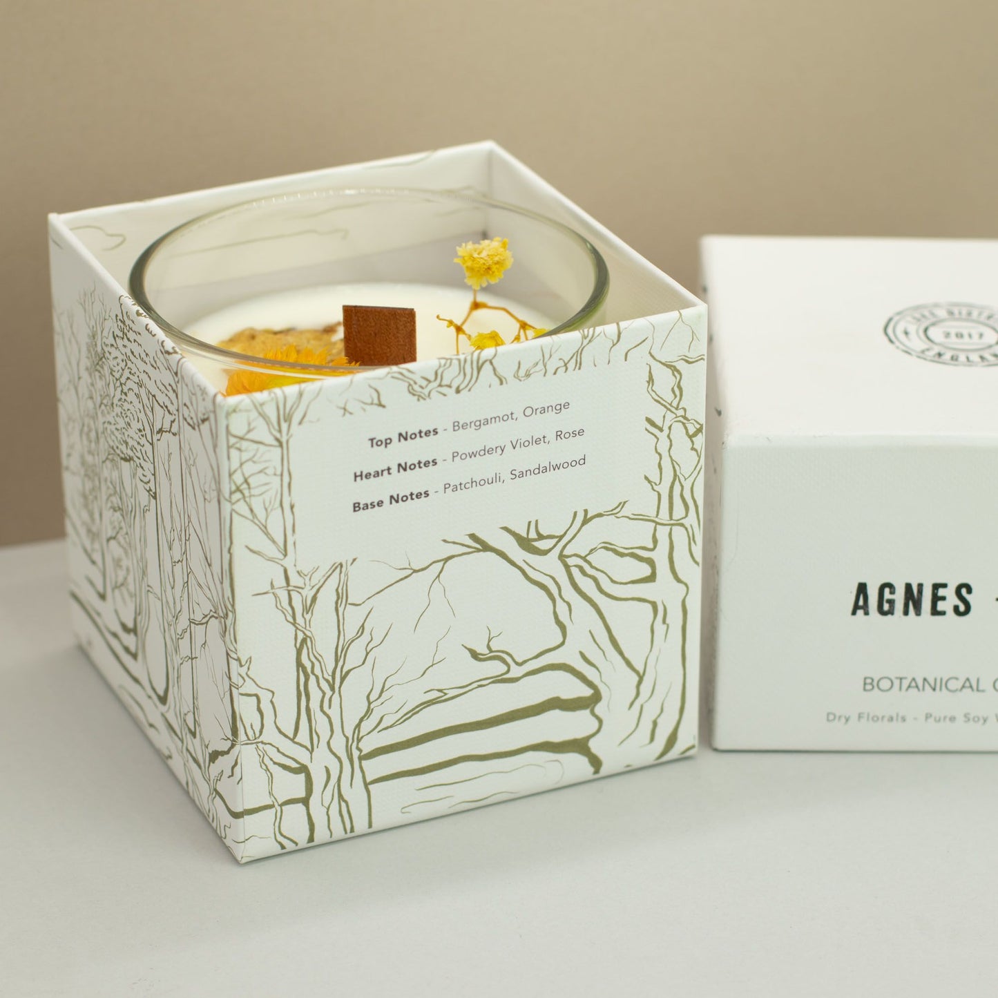 Detailed close up view highlighting the high quality craftsmanship and individual features of the agnes cat botanical soy wax candle rydal oudh575