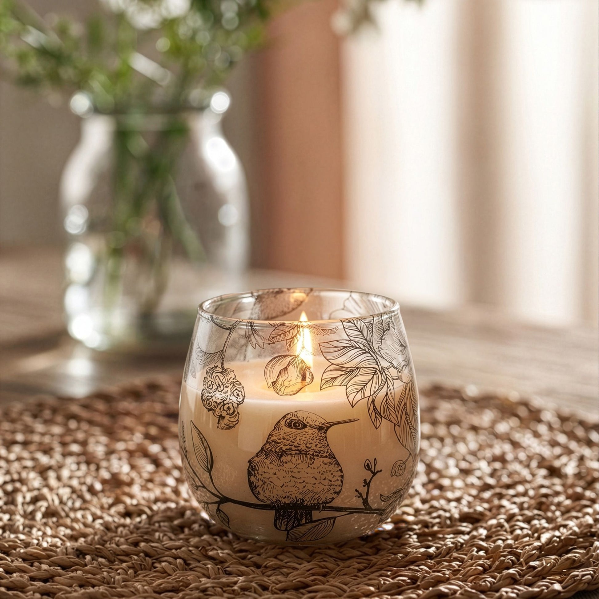 Detailed close up view highlighting the high quality craftsmanship and individual features of the small glass jar candles drawn by flame537