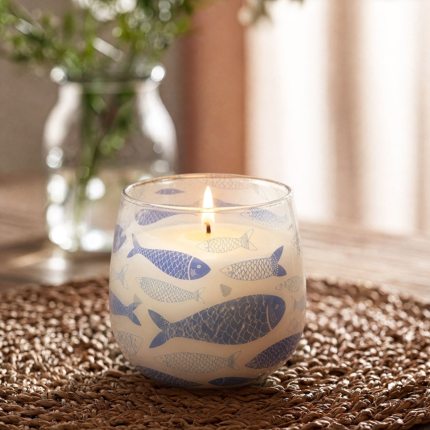 Detailed close up view highlighting the high quality craftsmanship and individual features of the medium glass jar candles seabreeze485