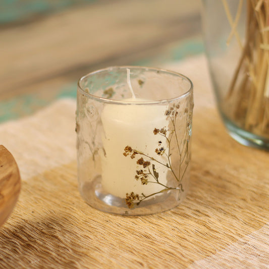 Luxury presentation of the natural floral glass straight candle holder margarita 8x8cm626 showing the premium artisan packaging and complete set contents