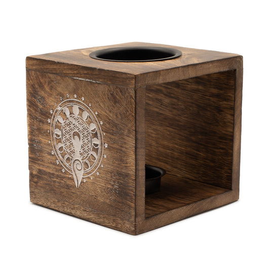 Large Square Mango Wood Oil Burner - Moon Goddess lifestyle product photo on neutral background