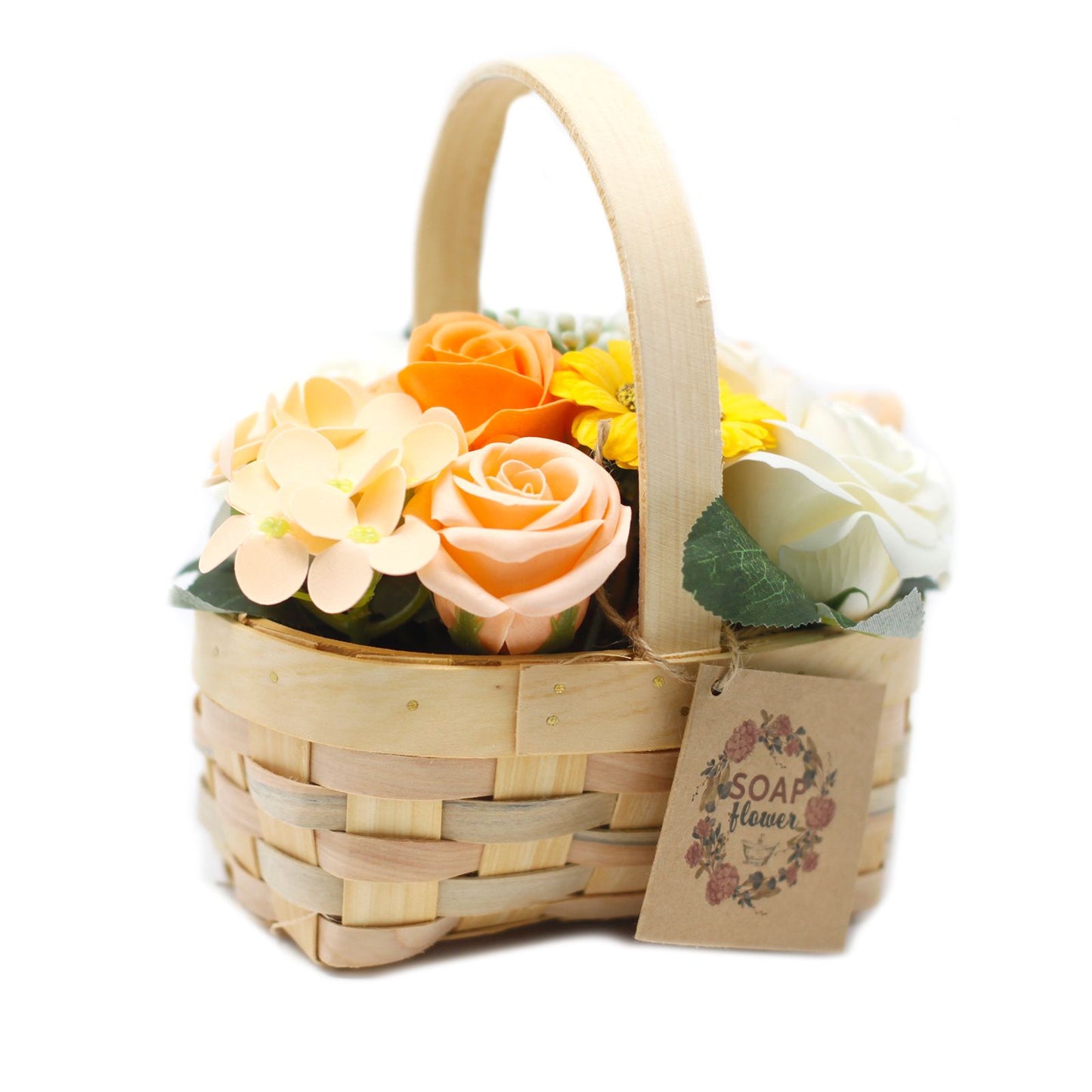 Detailed close up view highlighting the high quality craftsmanship and individual features of the medium orange bouquet in wicker basket849
