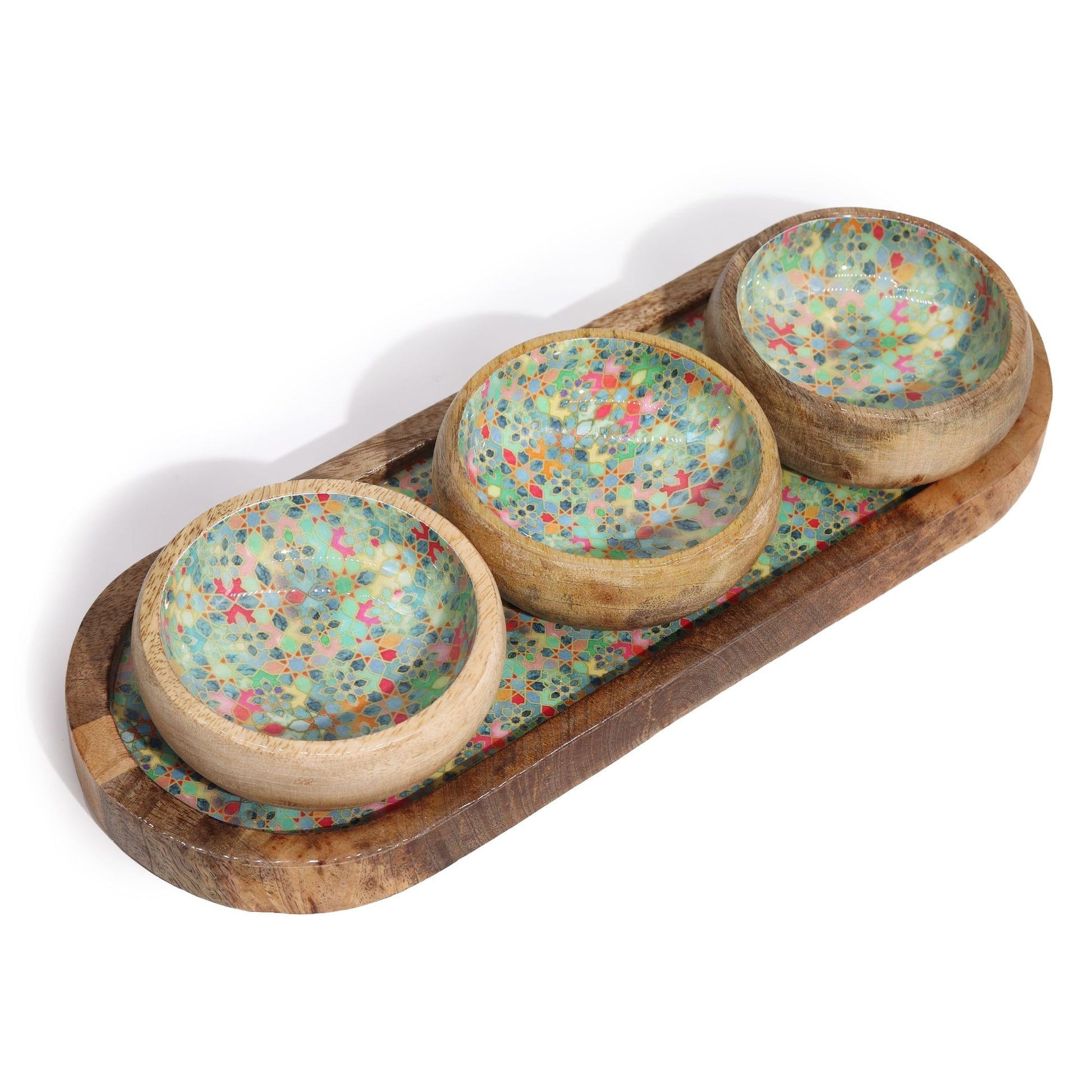 Mango Wood Tray with 3 Bowls - Mediterranean Tile pattern from our luxury mango wood bowls, trays & coasters collection