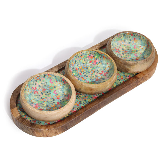 Mango Wood Tray with 3 Bowls - Mediterranean Tile pattern from our luxury mango wood bowls, trays & coasters collection