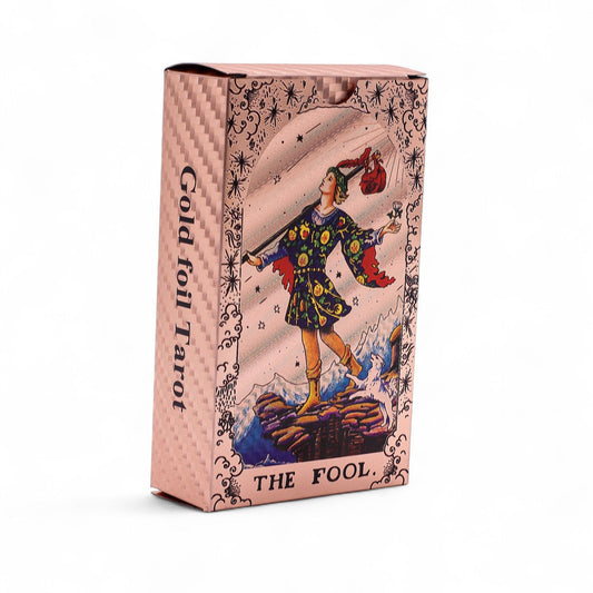 Rose Gold Foil Tarot Card Set - Moon Phase - with booklet lifestyle product photo on neutral background