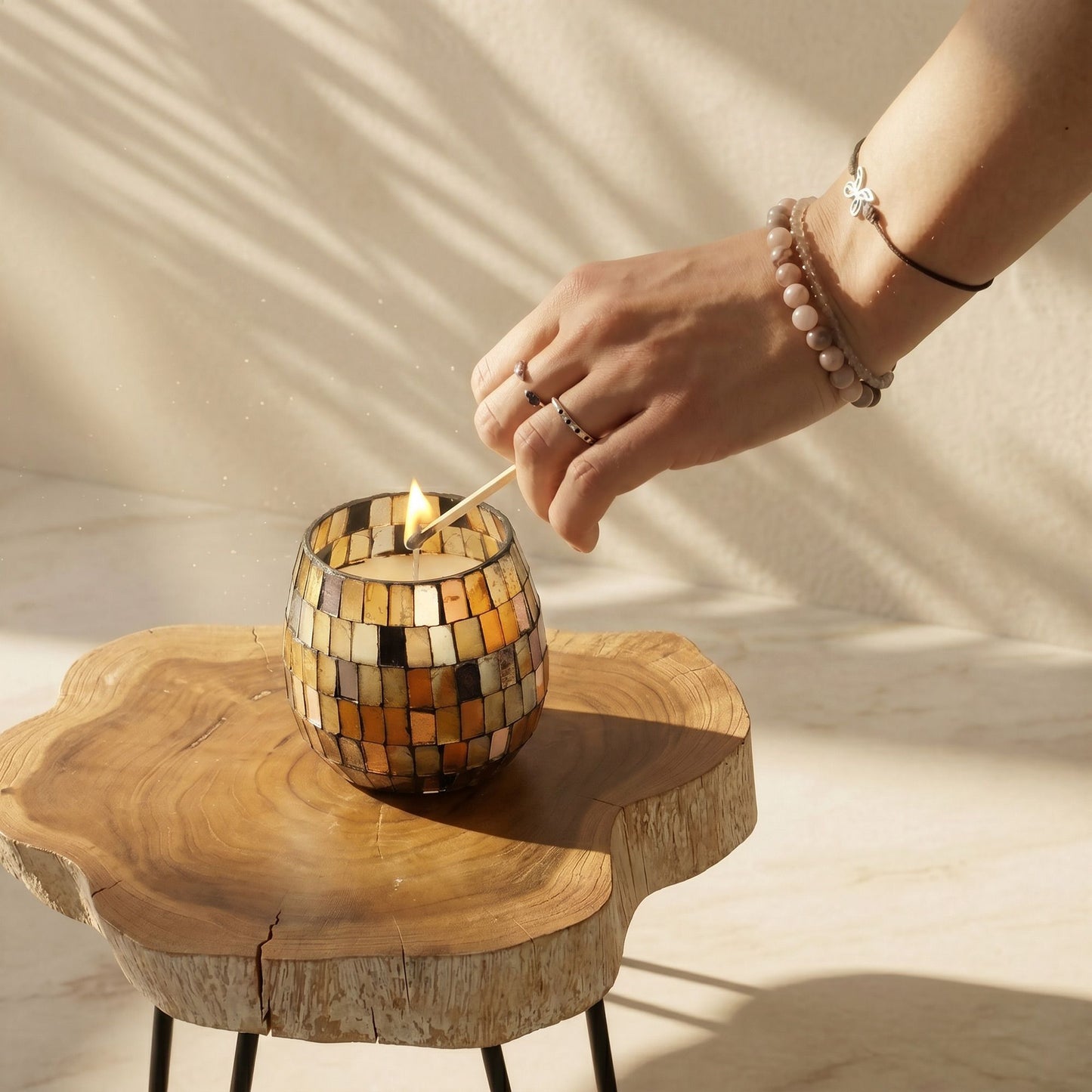 Detailed close up view highlighting the high quality craftsmanship and individual features of the small glass jar candles amber mosaic425