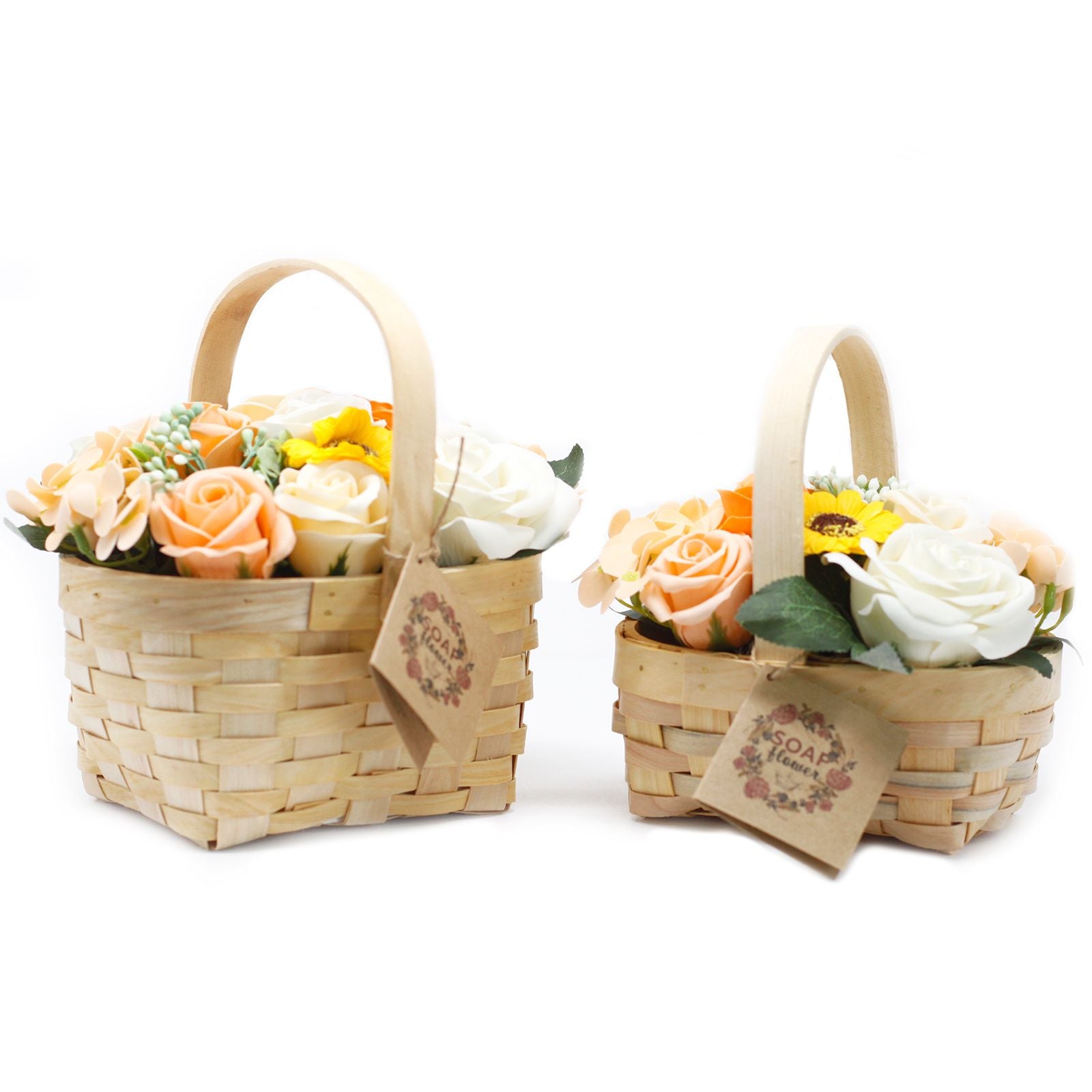 Detailed close up view highlighting the high quality craftsmanship and individual features of the medium orange bouquet in wicker basket849