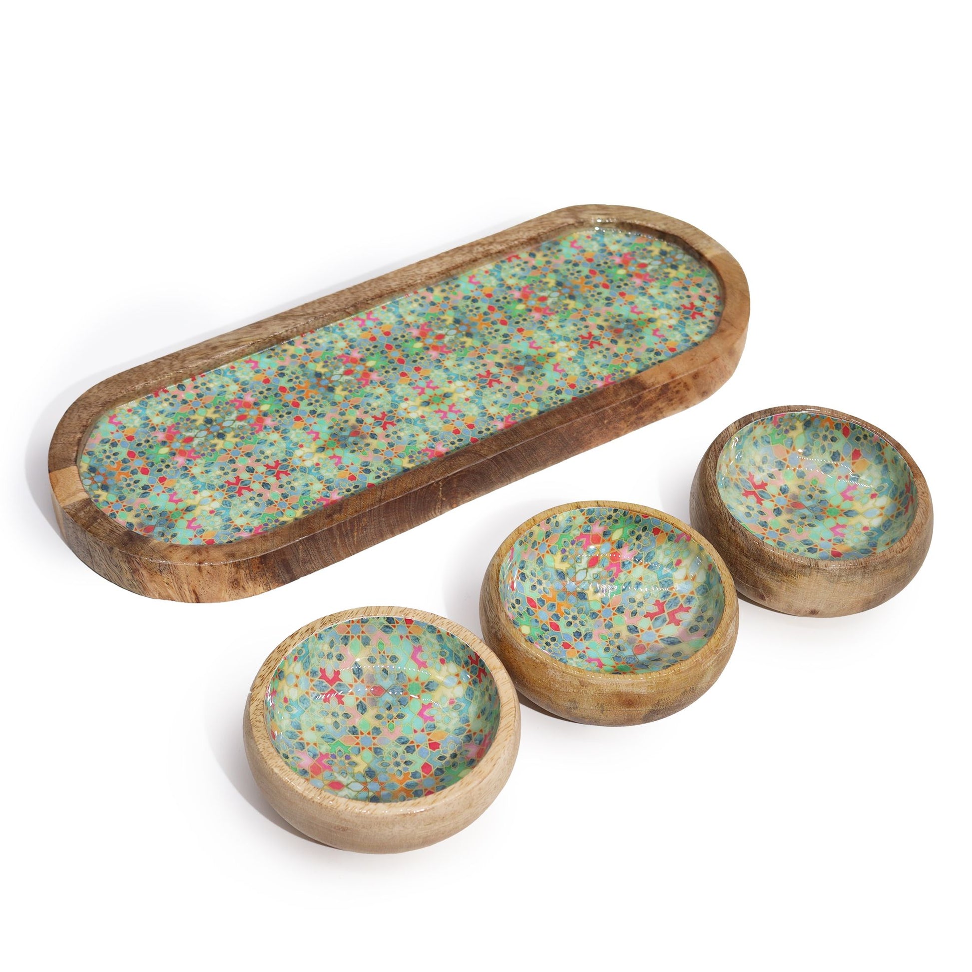 Mango Wood Tray with 3 Bowls - Mediterranean Tile pattern from our luxury mango wood bowls, trays & coasters collection