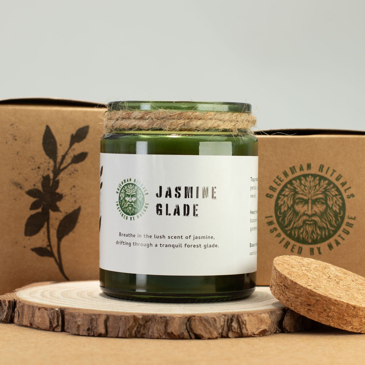 Detailed close up view highlighting the high quality craftsmanship and individual features of the greenman woodwick soy candle jasmine glade494