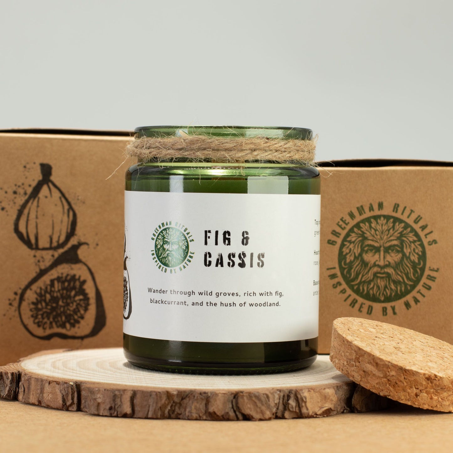 Detailed close up view highlighting the high quality craftsmanship and individual features of the greenman woodwick soy candle fig cassis407