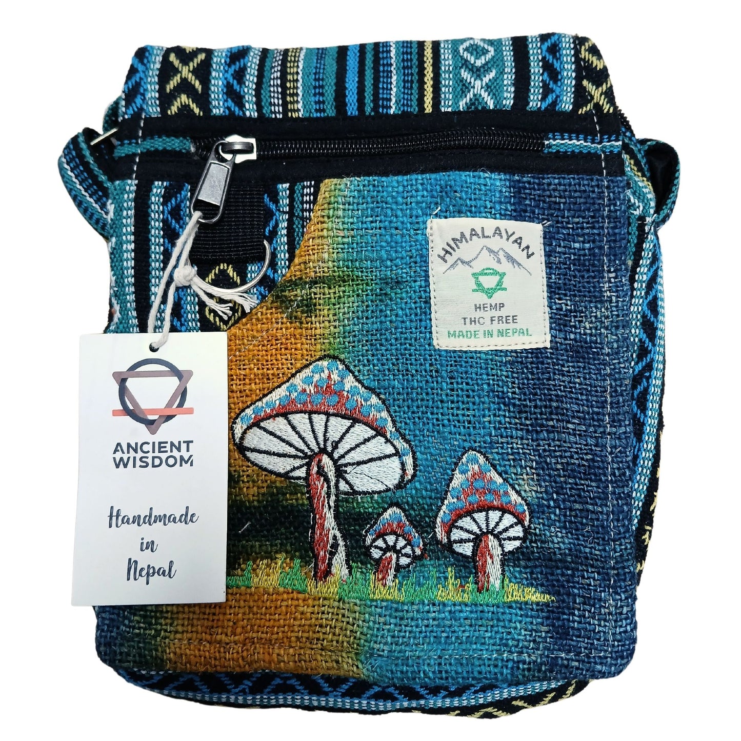Hemp Embroidery Mushroom Party Bag - Green Mushrooms lifestyle product photo on neutral background