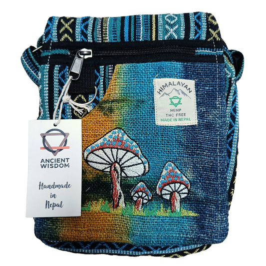 Hemp Embroidery Mushroom Party Bag - Green Mushrooms lifestyle product photo on neutral background