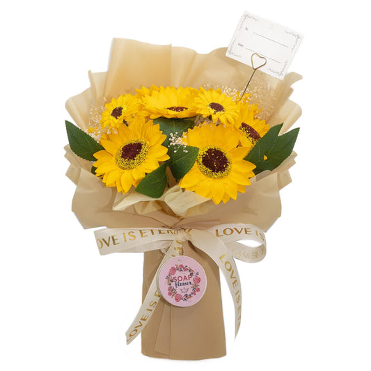 Luxury presentation of the large sunflowers bouquet love is eternal gift card830 showing the premium artisan packaging and complete set contents
