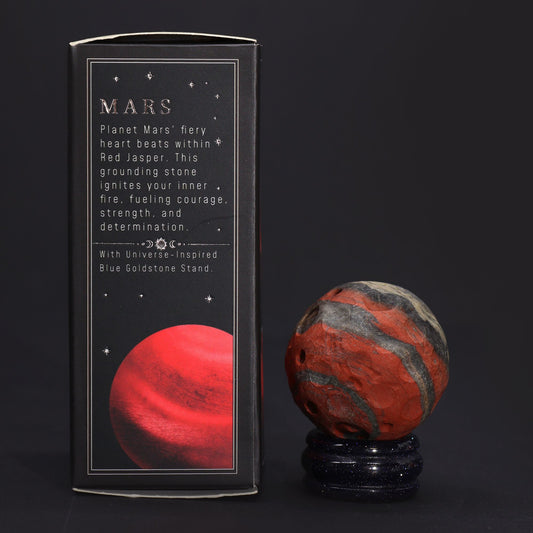 Red Jasper Planet on a Sola Goldstone Stand (MARS) lifestyle product photo on neutral background
