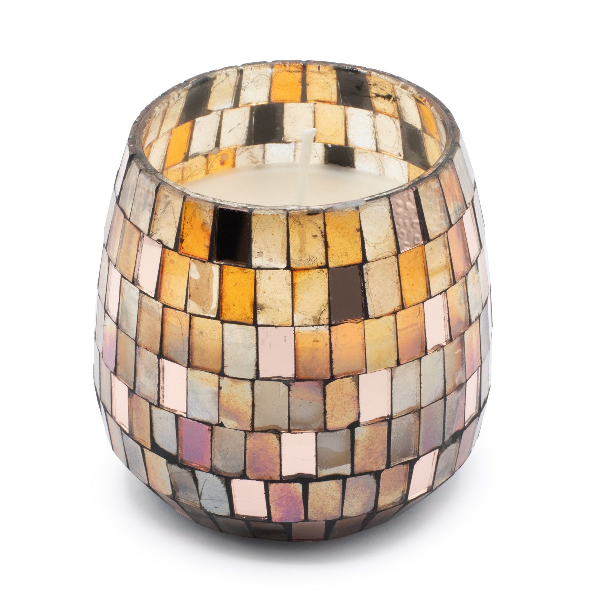 Detailed close up view highlighting the high quality craftsmanship and individual features of the medium glass jar candles amber mosaic503